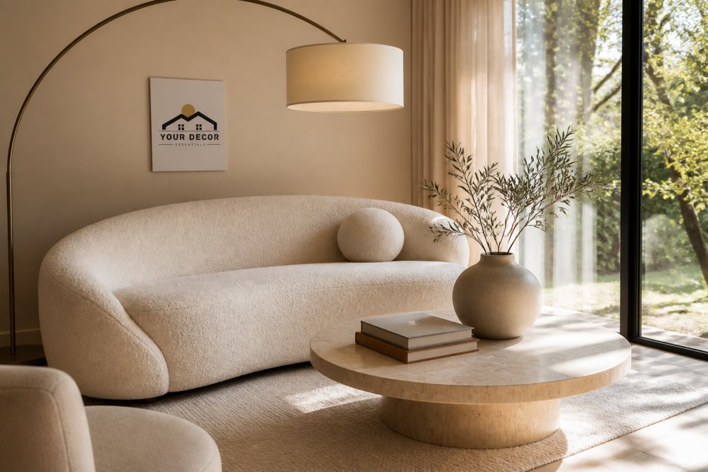 A sunlit living room featuring a curved cream boucle sofa with an arched floor lamp and a round travertine coffee table, styled with a ceramic vase and a stack of art books