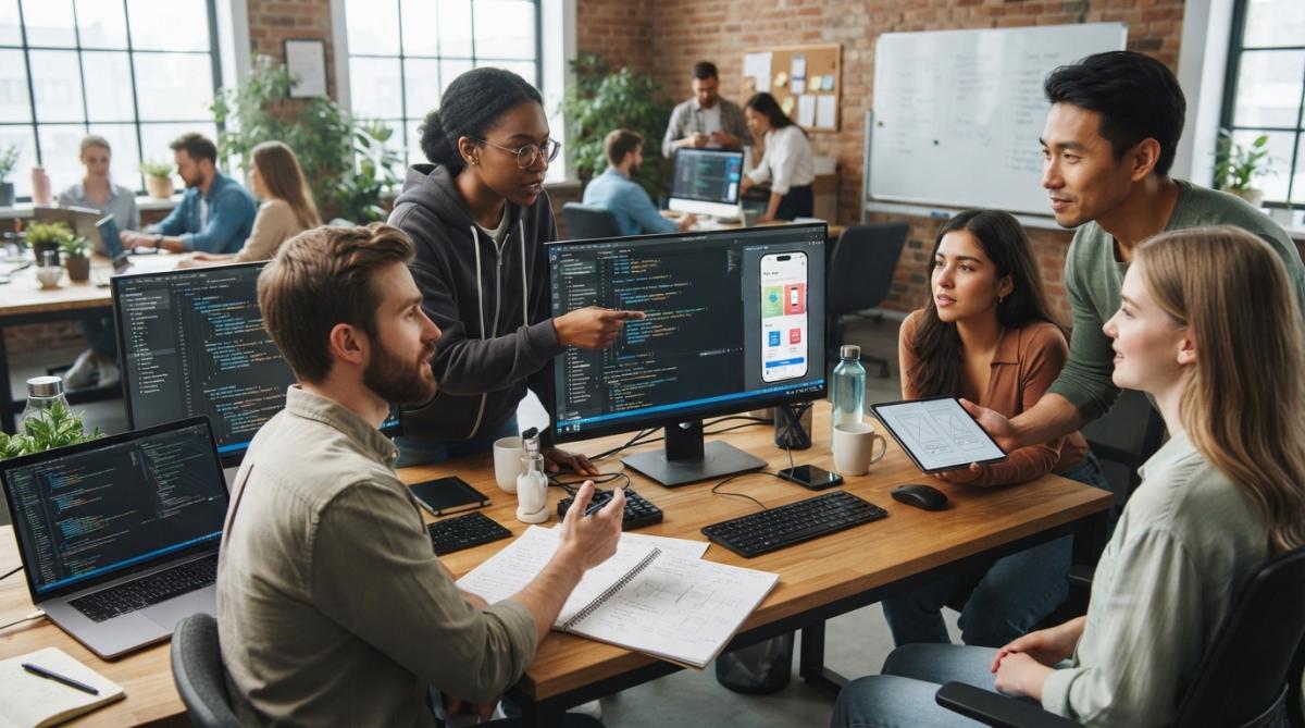 A diverse startup development team collaborating around a desk with multiple monitors displaying Flutter code editors and mobile app interfaces in a bright, modern office