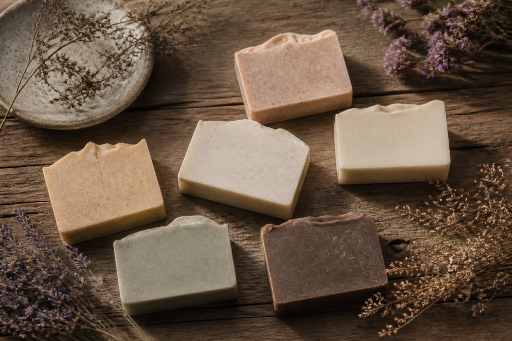 Handcrafted soap bars and dried botanicals on a rustic wooden surface for cruelty free skincare routines