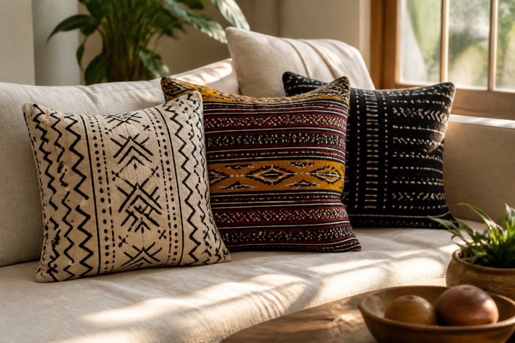 A cozy living room corner with a neutral linen sofa holding three culturally inspired throw pillows arranged in a layered pattern, vibrant printed textiles against cream upholstery, soft afternoon light through a window