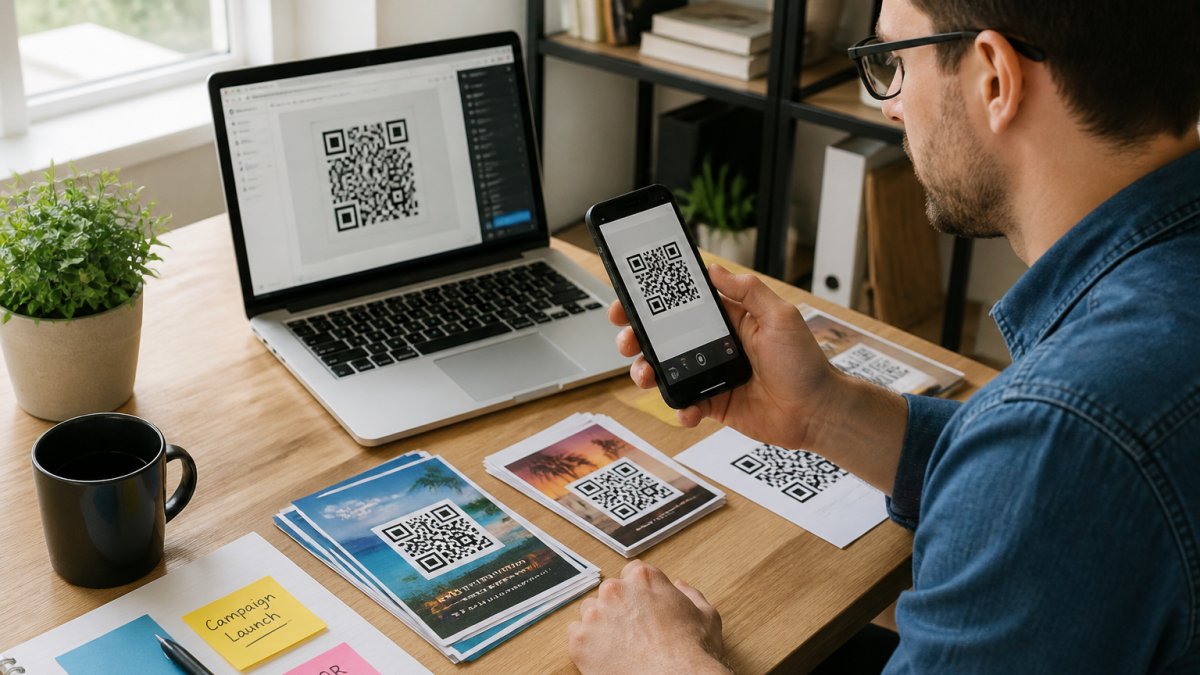 A process flowchart showing a marketer testing a custom QR code design on a laptop and smartphone in an office.
