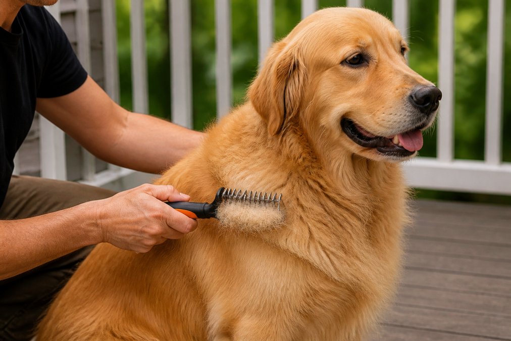 A close-up of a golden retriever with a thick, long coat sitting calmly on a porch while an owner runs an undercoat rake through its fur, with visible loose hair collecting on the stainless steel teeth