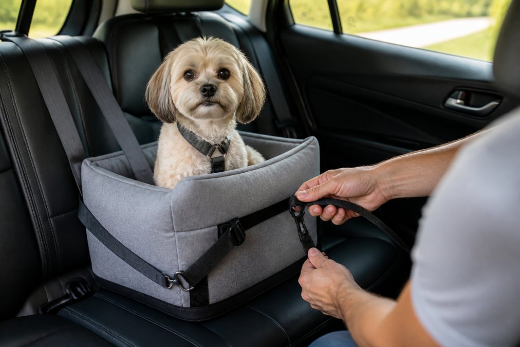 Hands adjusting the safety tether of a dog car booster seat in the back of a vehicle with a small dog inside.