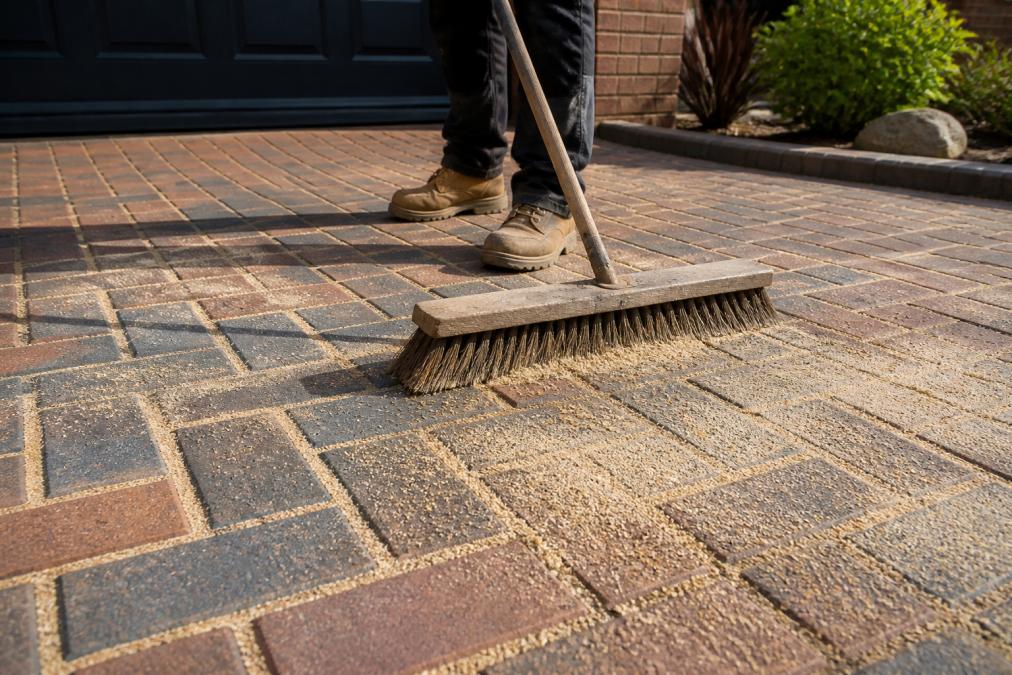 Close-up of freshly cleaned block paving with kiln-dried sand being swept into the joints using a soft broom, dry sunny driveway, no people in shot
