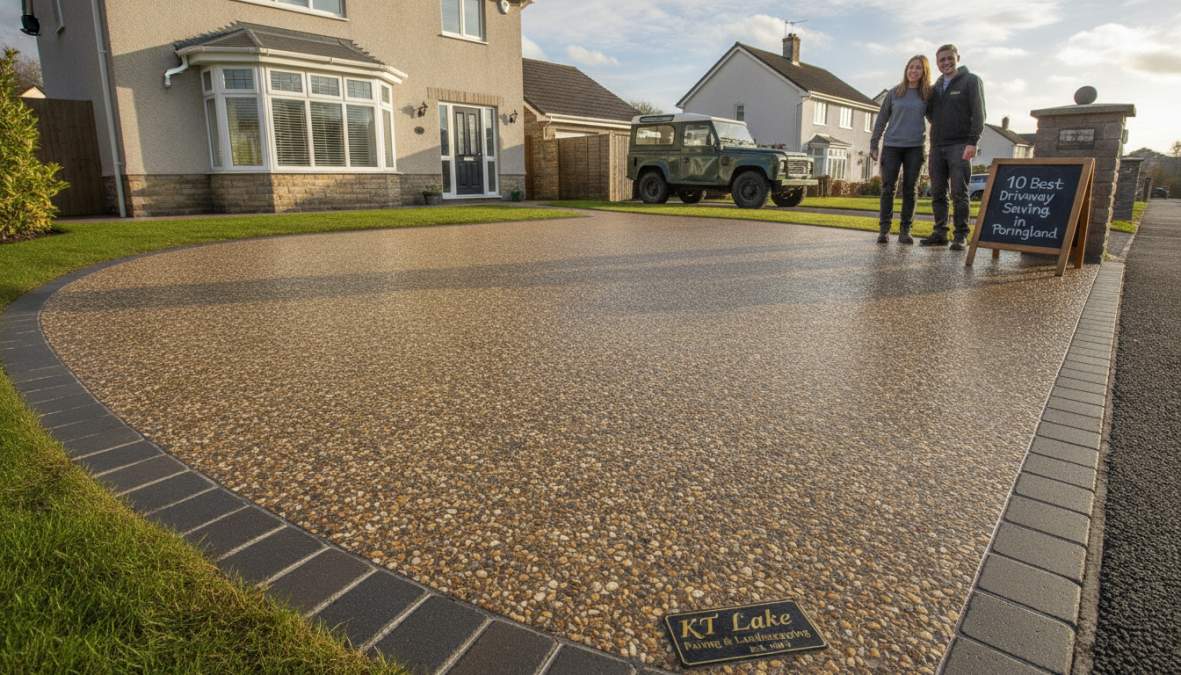 Freshly completed resin bound driveway with professional edge detail and smooth surface finish, showing morning sunlight on the completed installation