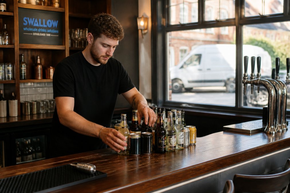 A bar manager in a West Midlands independent pub arranging eco-friendly soft drink cans and glass bottles on a wooden bar counter, a white delivery van visible through the window outside, warm afternoon light