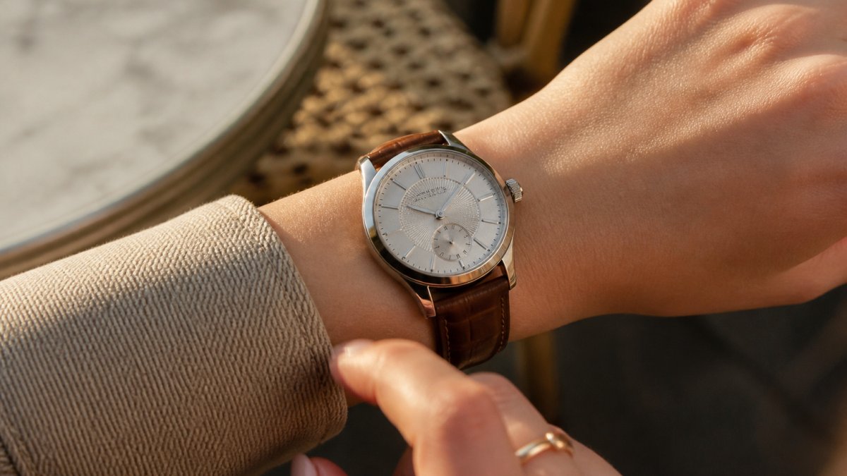 Close-up of an elegant woman's wrist wearing a sophisticated watch with refined dial detail and polished stainless steel case, leather strap visible, natural daylight highlighting the dial texture