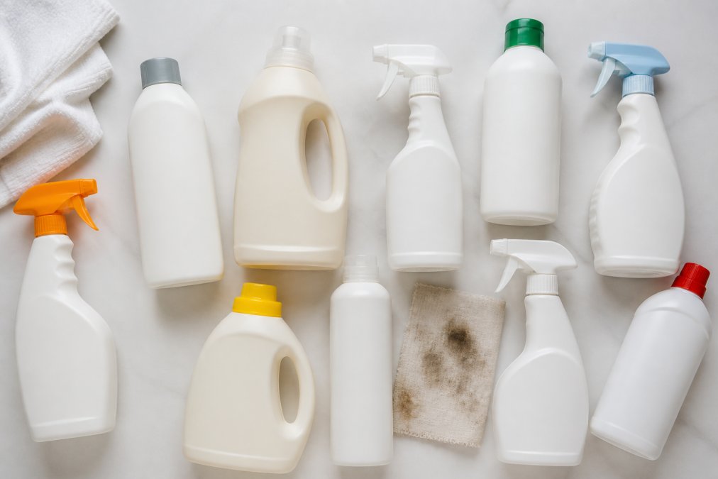 Flat-lay arrangement of various enzymatic stain remover bottles and sprays on a clean white surface, with a soiled fabric swatch nearby