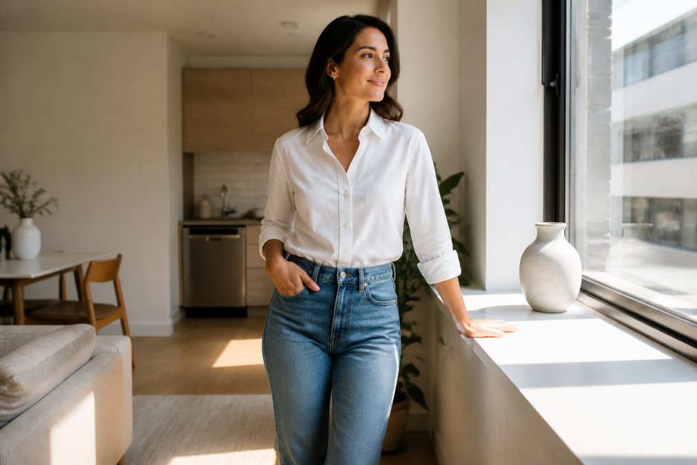 A woman in a well-fitted white button-down shirt tucked into straight-leg jeans, standing in a bright, minimal apartment with soft morning light streaming through a window, looking confident and relaxed