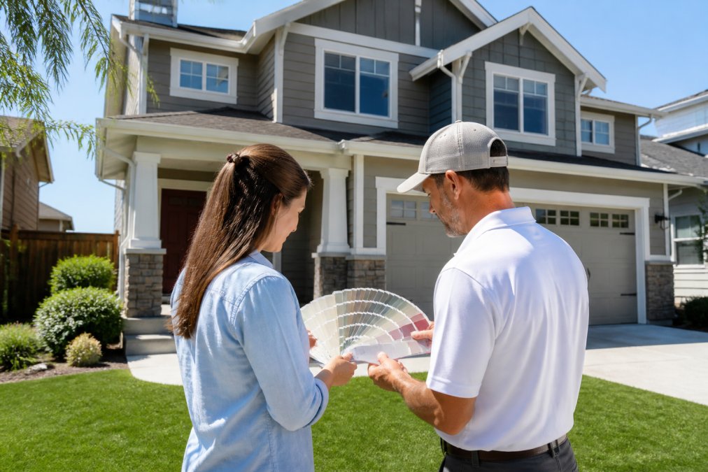 A homeowner and a painting contractor standing in front of a two-story suburban house, looking at color swatches and discussing exterior paint options on a sunny day