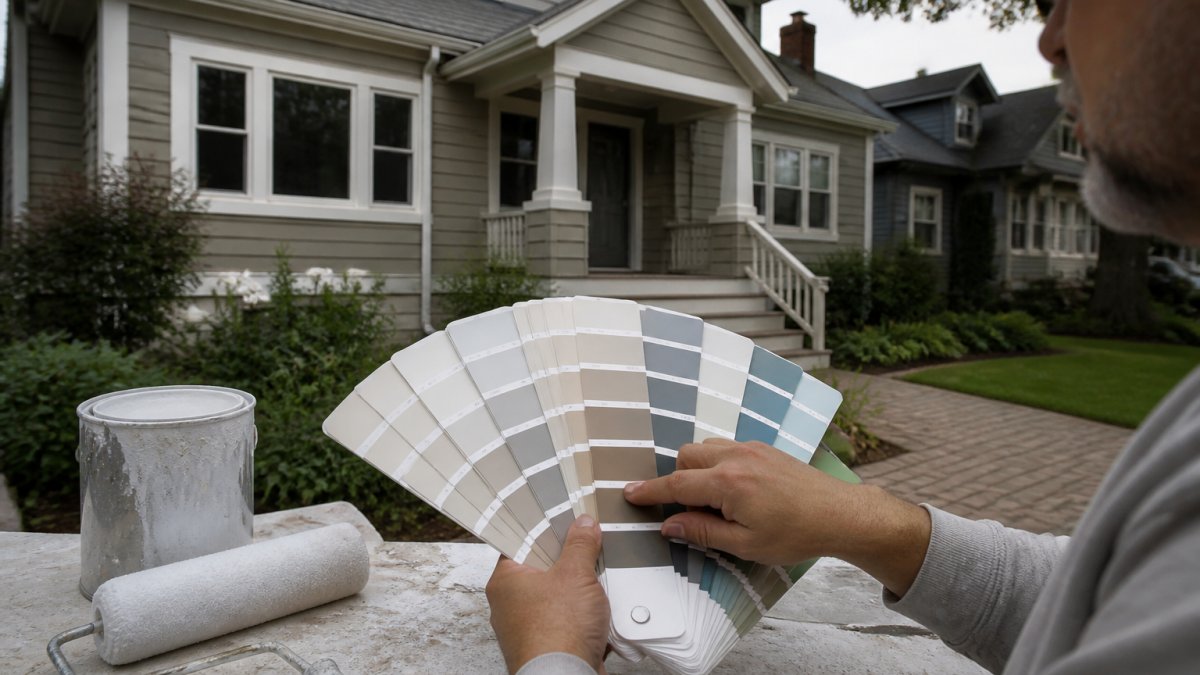 A freshly painted Chicago bungalow exterior in warm greige with crisp white trim, photographed in soft morning light with mature trees and a brick walkway in the foreground