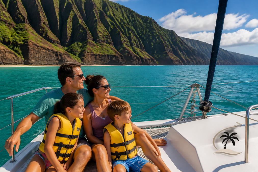 Family of four on a catamaran boat tour along the Na Pali coastline with dramatic green cliffs rising from turquoise water, children wearing yellow life jackets, calm sea visible