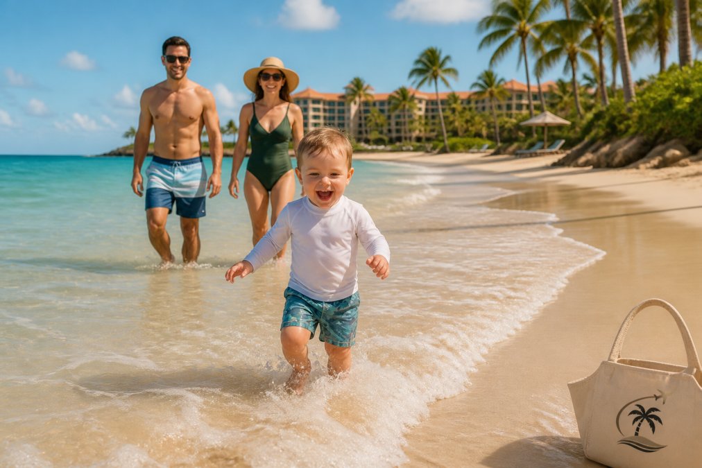 Toddler playing in shallow ocean waves at a sunny beach with parents nearby, palm trees and resort buildings visible in the background