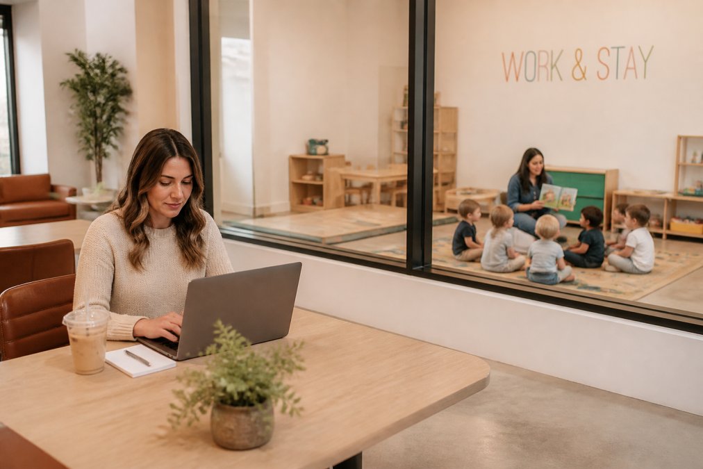 A parent working on a laptop in a bright, modern lounge area while through a large glass window a caregiver reads to a small group of toddlers in a colorful, separate playroom