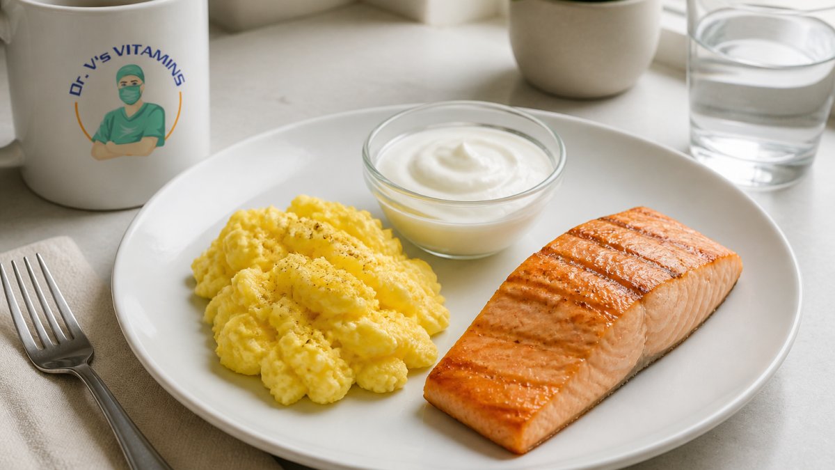 Infographic showing high-protein food portions of eggs, salmon, and Greek yogurt for post-surgery energy