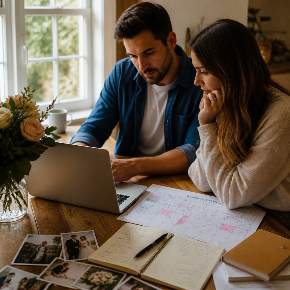 Couple sitting together at a desk reviewing wedding plans on a laptop, surrounded by wedding planning notes and calendar, natural daylight from window
