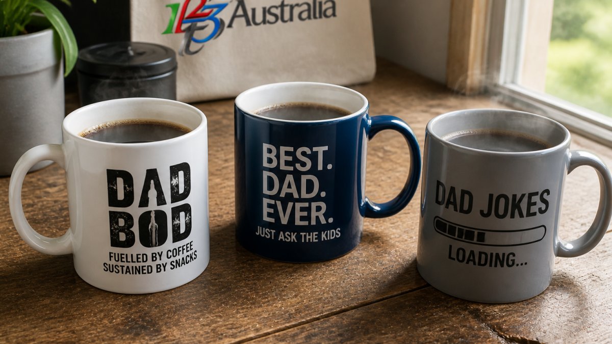 Flat lay of three ceramic mugs arranged on a wooden surface with steaming coffee, showing different funny designs and bold lettering in natural morning light
