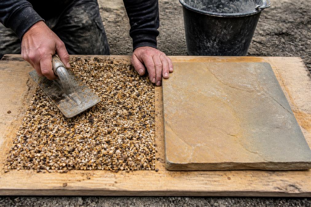 A close-up of a landscaper's hands laying a sample of resin-bound gravel next to a piece of Indian sandstone on a wooden board, with a trowel and bucket in the background