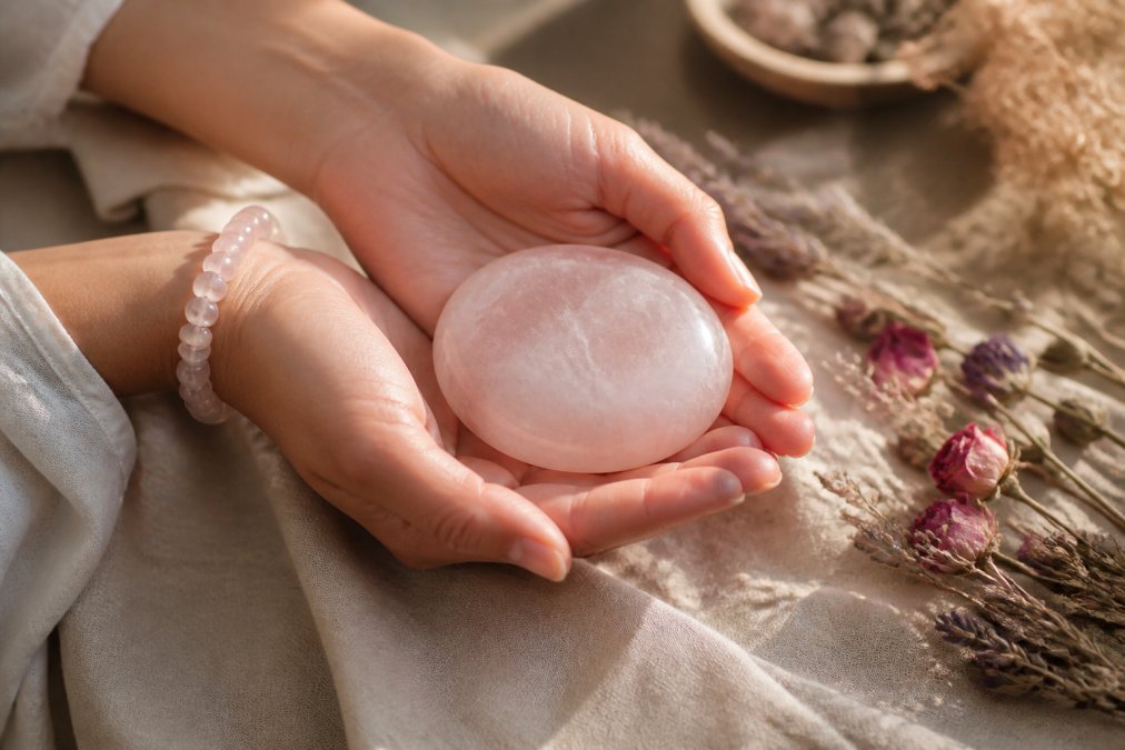 A pair of hands cradling a large polished rose quartz palm stone on a linen cloth beside dried flowers in soft morning light