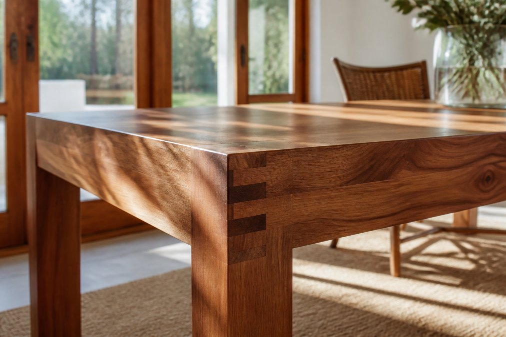 Diagram showcasing the craftsmanship features of heirloom quality furniture including dovetail joinery and wood grain