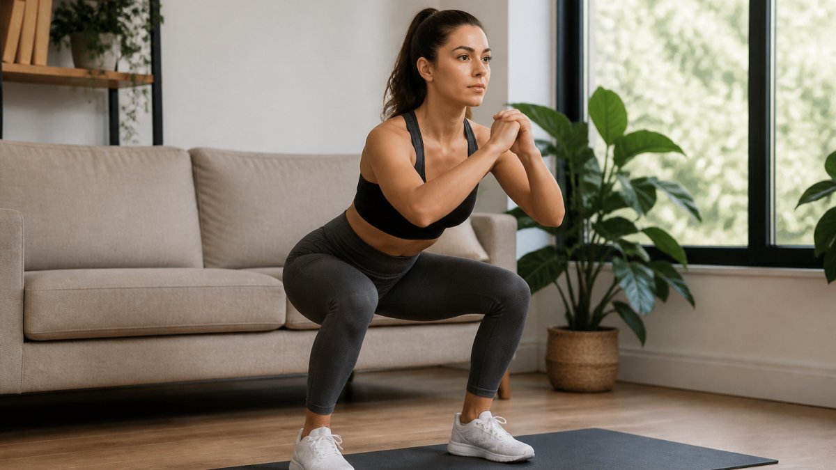 A person performing a bodyweight squat in a living room with a yoga mat, wearing athletic clothing, natural light from a window, focused expression