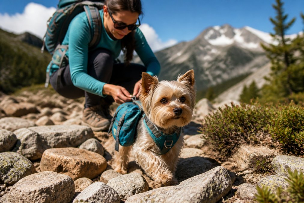 Small dog wearing a properly fitted front-clip harness and lightweight backpack navigating rocky mountain trail with hiker adjusting straps in background on sunny day