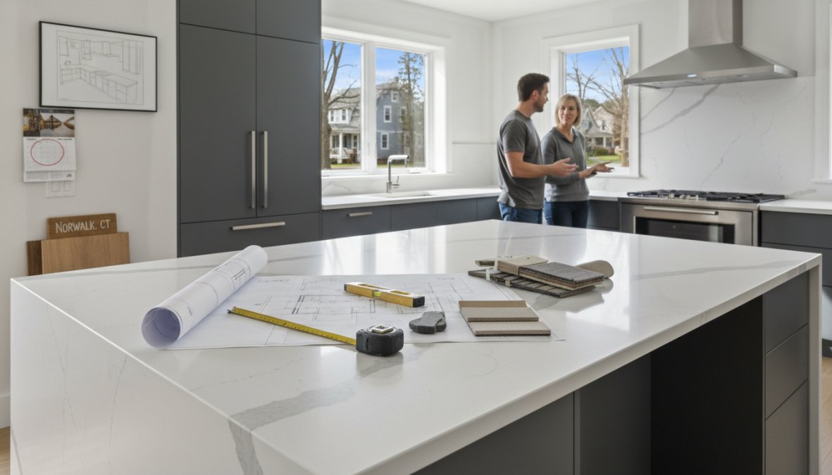 A professional contractor in a hard hat and work shirt reviewing architectural blueprints on a granite countertop inside a beautifully renovated Norwalk CT kitchen with modern white cabinetry, pendant lighting, and stainless steel appliances
