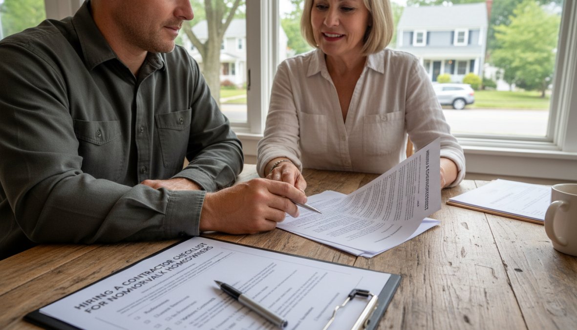 A homeowner and a contractor sitting across from each other at a wooden kitchen table reviewing a printed renovation contract, with a clipboard checklist, pen, and coffee mugs visible in natural afternoon light