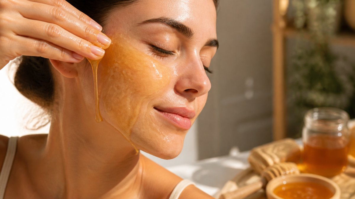 Close-up of a woman applying a golden honey face mask, with honey dripping from her fingertips onto her cheek, warm natural lighting highlighting the mask's texture and her glowing skin