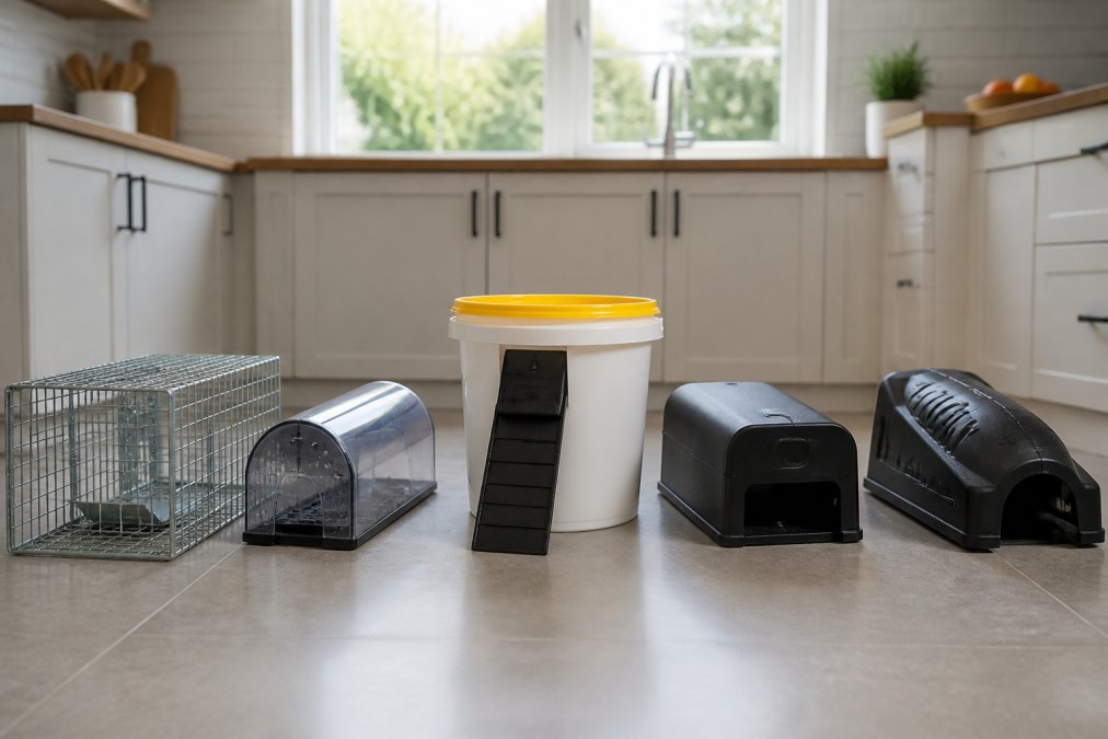 A row of five different humane rat traps arranged on a clean kitchen floor, including a galvanised cage trap, a transparent tunnel trap, a bucket-lid trap, a black electronic trap, and a heavy-duty plastic trap, with natural light from a window behind