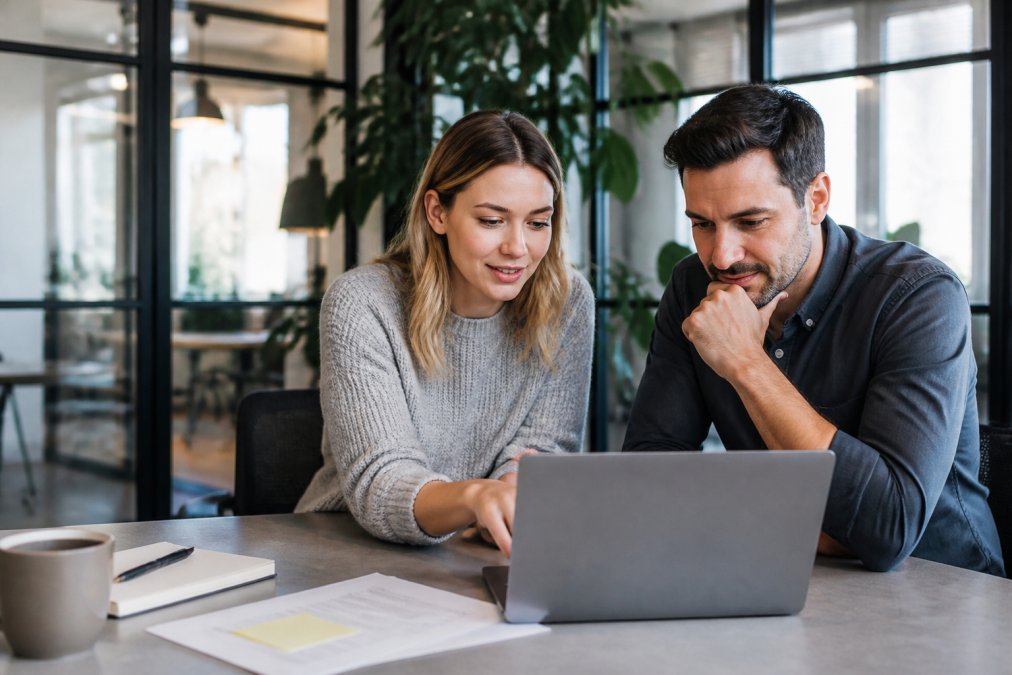 A small business owner and marketing coordinator reviewing influencer campaign analytics on a laptop in a bright, modern office