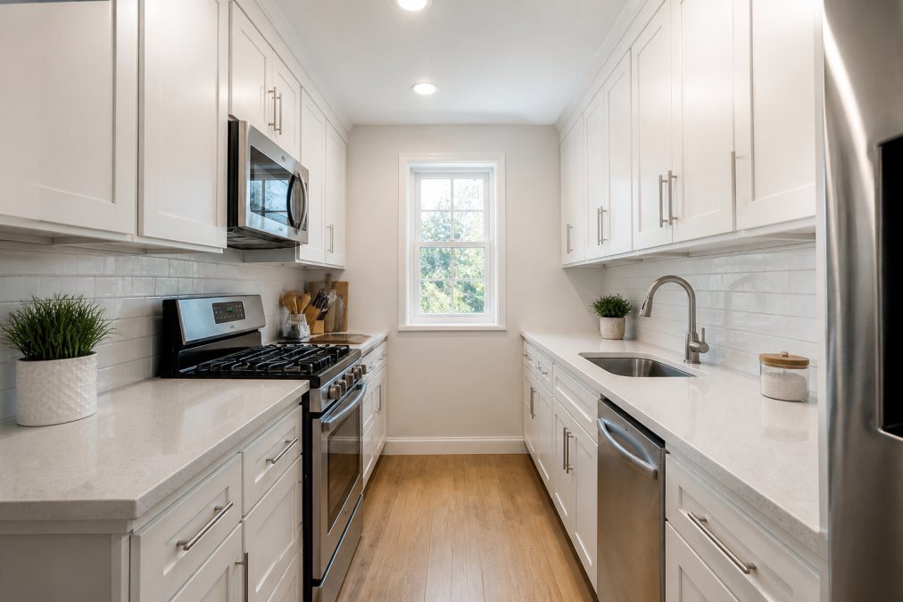 A bright, compact galley kitchen with ceiling-height white cabinets, a narrow quartz countertop, and a small window letting in natural light, photographed wide-angle to show how the layout uses every square foot