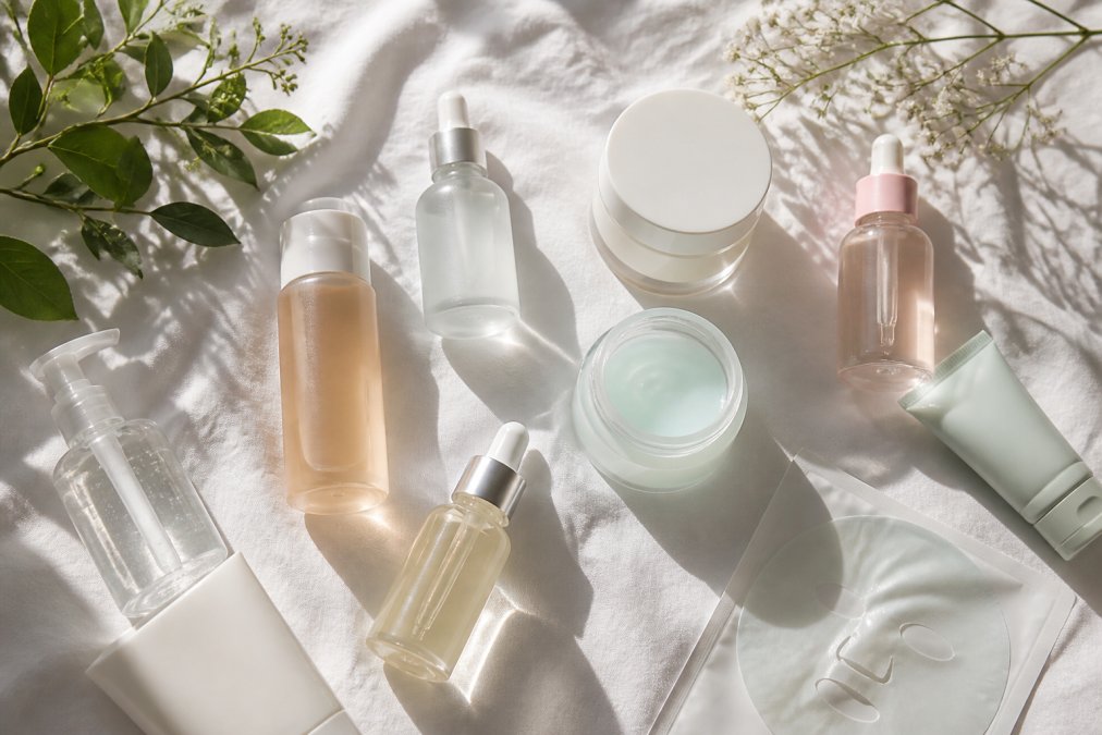 A flat lay of various Korean skincare products including serums, moisturizers, and masks arranged on a clean white surface with soft natural lighting