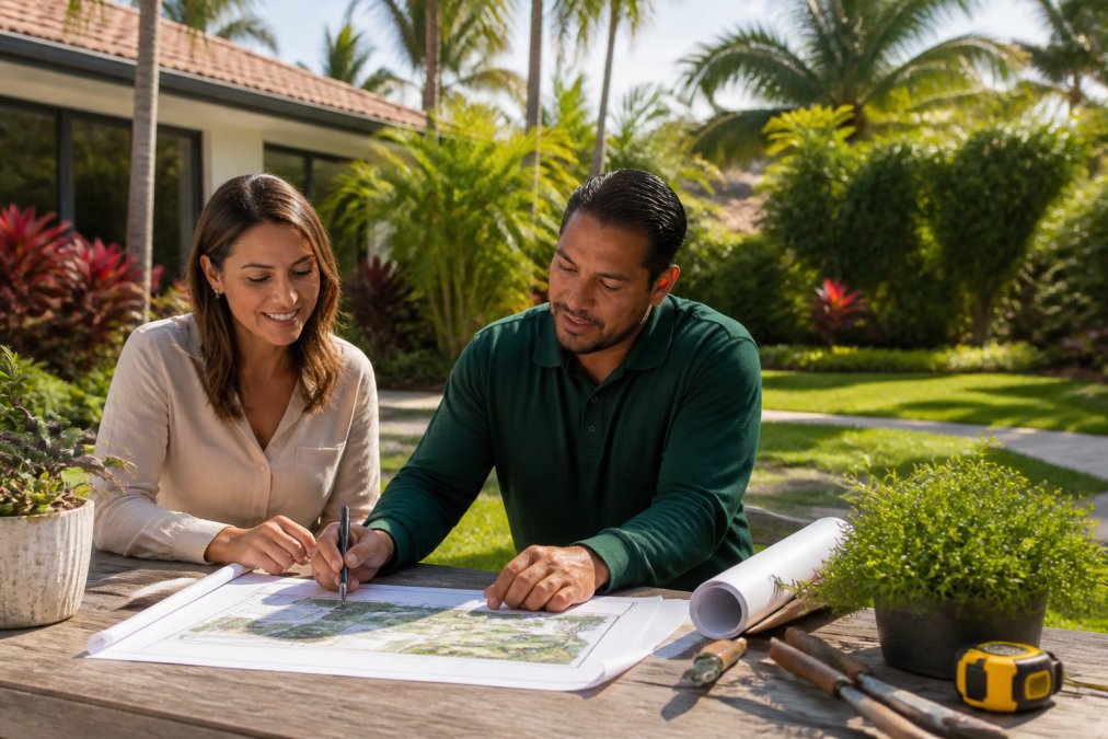 A homeowner and a landscaping professional reviewing a yard plan together in a sunny North Miami backyard, with green palms and tropical plants in the background