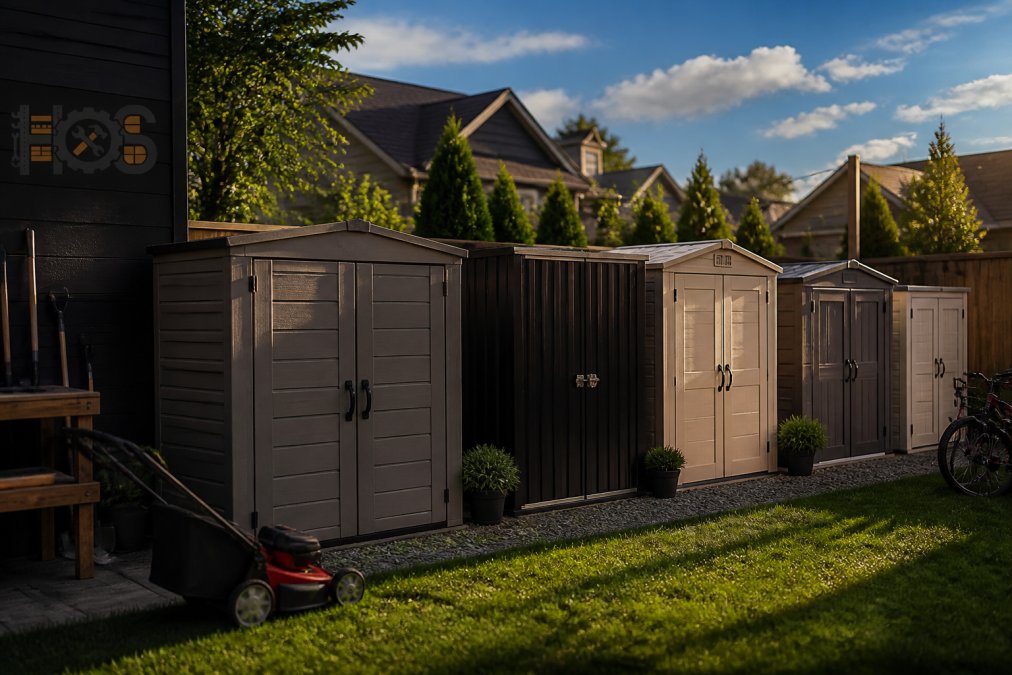 Resin, metal, and plastic outdoor storage sheds lined up in a sunny backyard with bicycles and a lawn mower nearby.