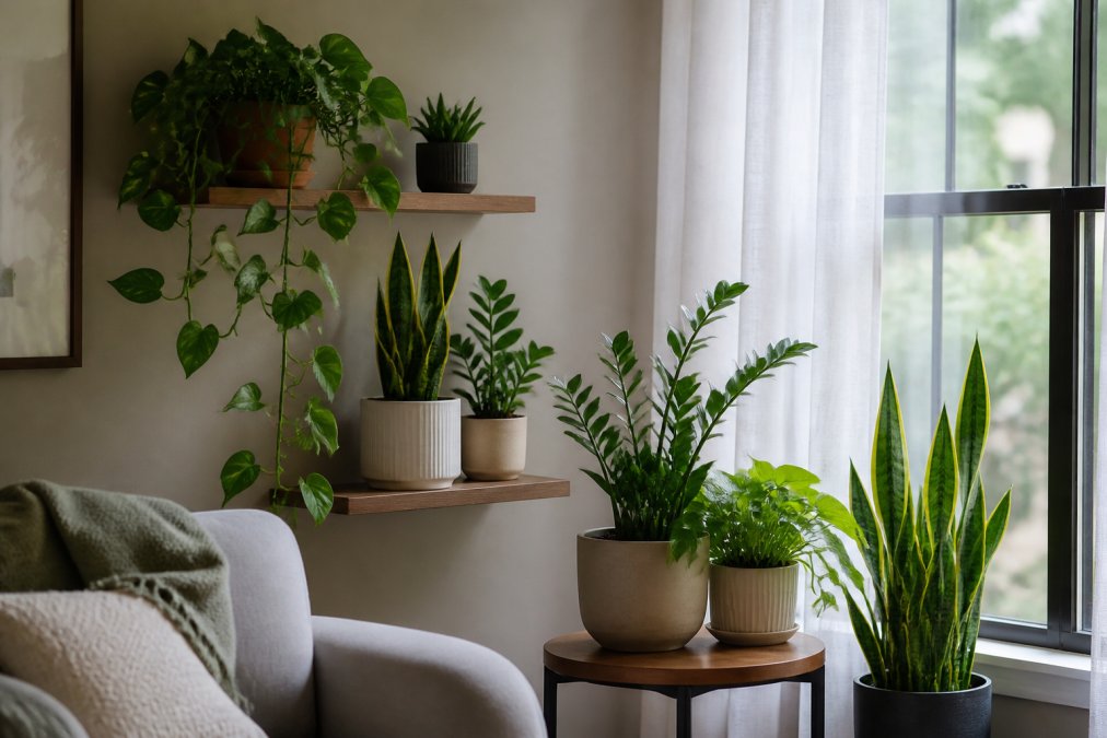 Cozy apartment corner with multiple low-light houseplants arranged on floating shelves and a side table, including trailing pothos vines, upright snake plants, and compact ZZ plants positioned near a window with sheer white curtains filtering soft indirect light