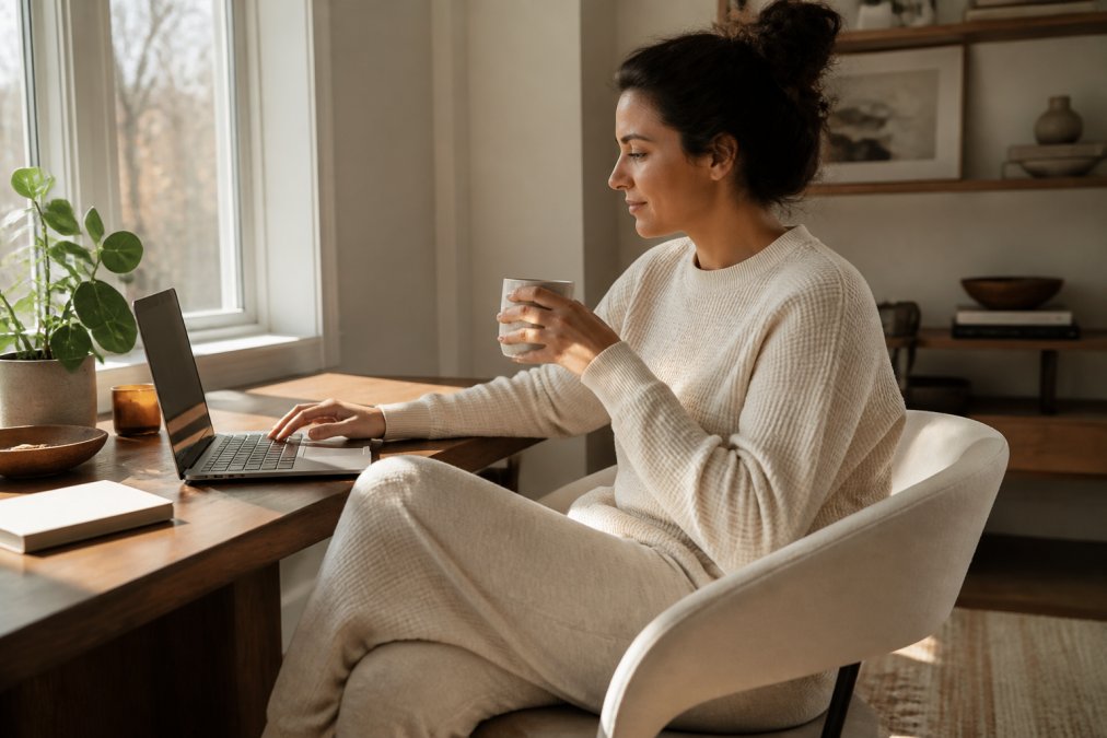 Woman working at home desk wearing soft premium sweatpants and a waffle-knit pullover, with natural daylight from window, coffee cup nearby, creating a relaxed yet polished workspace aesthetic