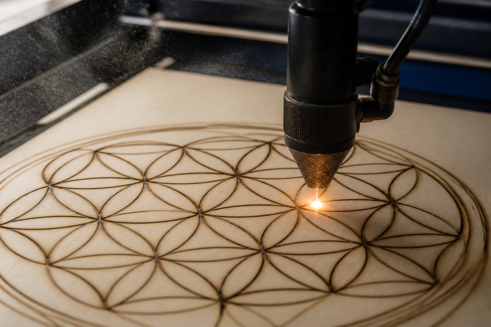 A close-up of a laser engraver etching a detailed geometric design into a flat sheet of Baltic birch plywood, fine wood dust in the air and a visible glowing beam tracing the pattern
