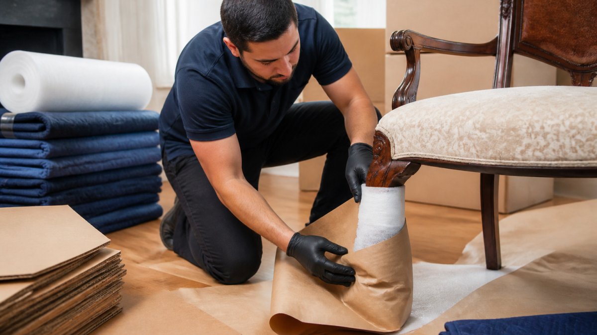 A professional packer in gloves carefully wrapping the carved leg of an antique wooden chair with packing paper and foam, surrounded by moving blankets and cardboard sheets in a bright home interior