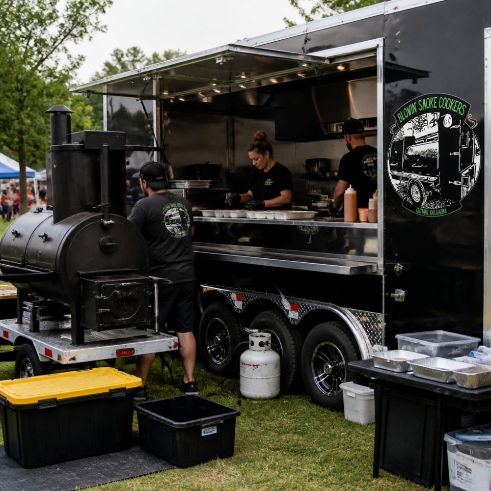Diagram showing the essential equipment layout for a professional mobile BBQ catering trailer setup