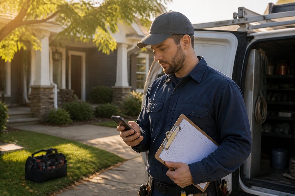 Contractor in work uniform checking smartphone at residential job site, holding clipboard with work order, morning sunlight illuminating the scene