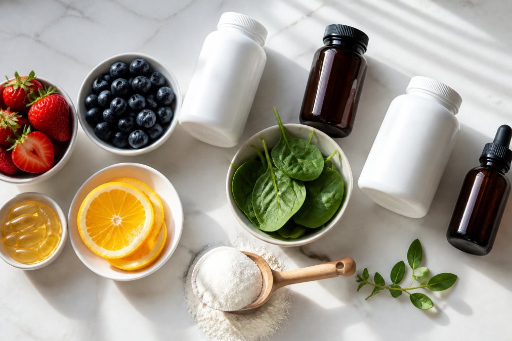 Supplement bottles, collagen powder, berries, and citrus arranged on a bright marble surface
