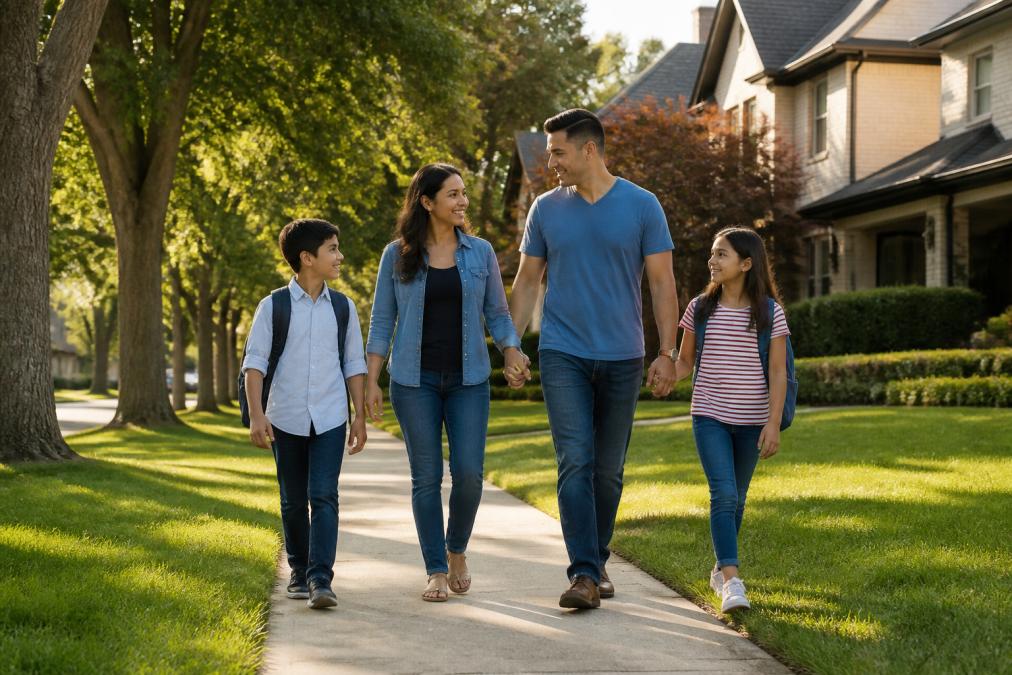 A happy family walking past modern homes in a North Dallas neighborhood near top-rated schools.