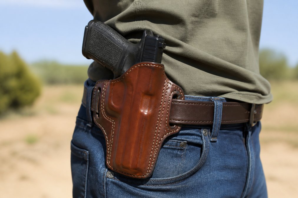 Close-up of a handcrafted leather OWB holster molded to fit a firearm, showing detailed stitching and how it sits against the hip on a person's belt during daily carry