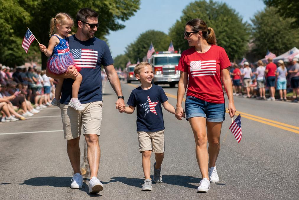 Family wearing patriotic graphic tees and summer shorts at outdoor Fourth of July parade, showing casual styling with comfortable summer apparel and red, white, and blue color coordination