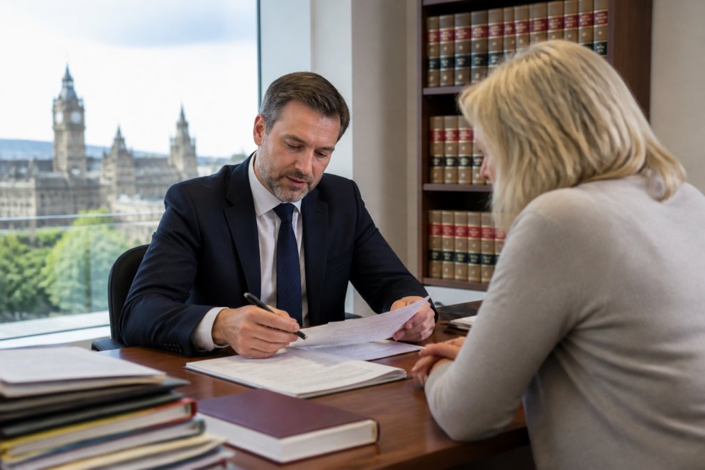 Professional solicitor and client reviewing legal documents at a desk in a modern Glasgow law office, with case files and notes visible, natural window lighting