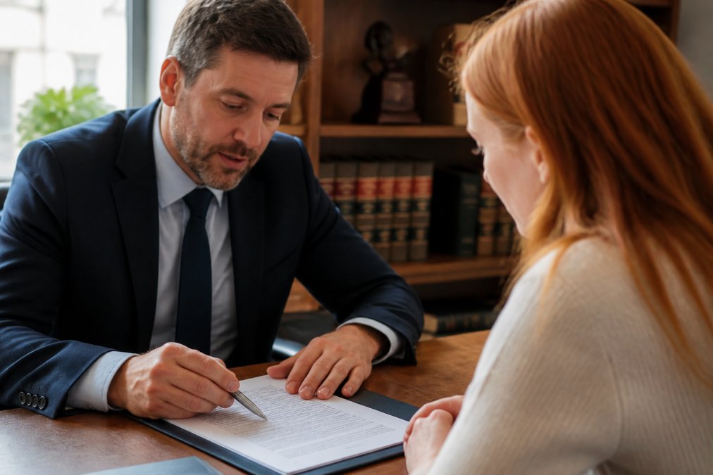 Close-up of hands reviewing a legal document and consultation checklist with a pen on a desk, representing the preparation process for selecting a solicitor