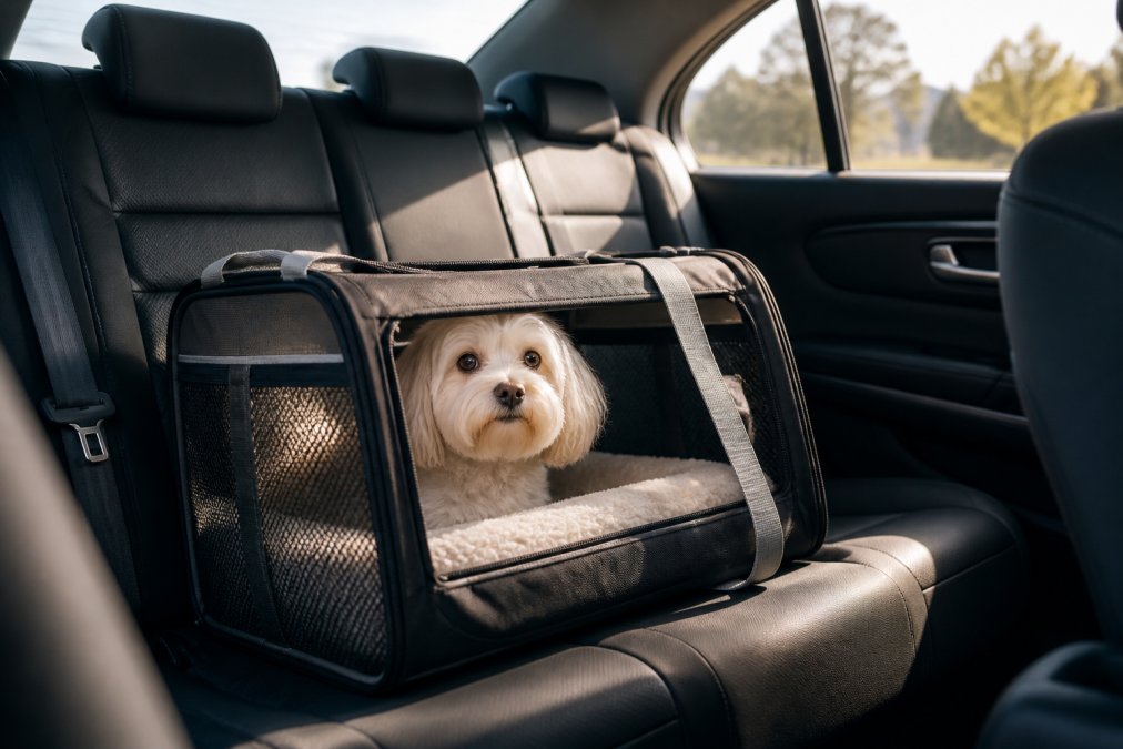 Small dog resting securely in a soft-sided pet carrier on a car backseat with sunlight streaming through the window