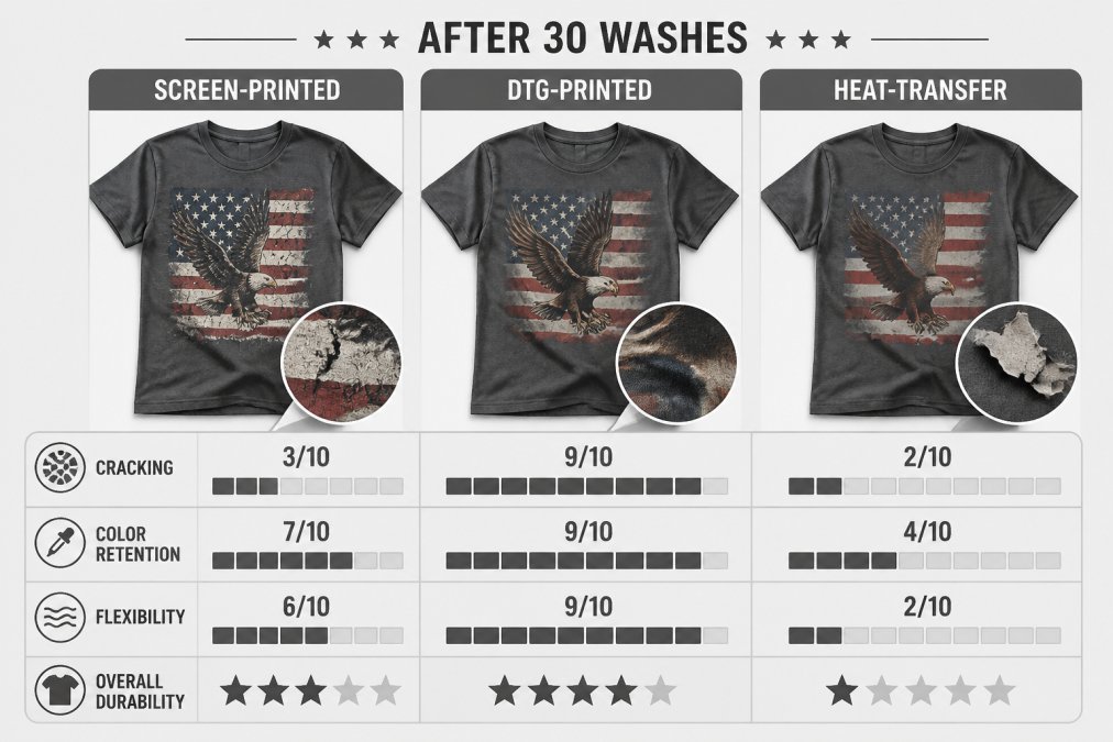 Comparison of screen, DTG, and heat-transfer graphic tees american motifs after thirty wash cycles.