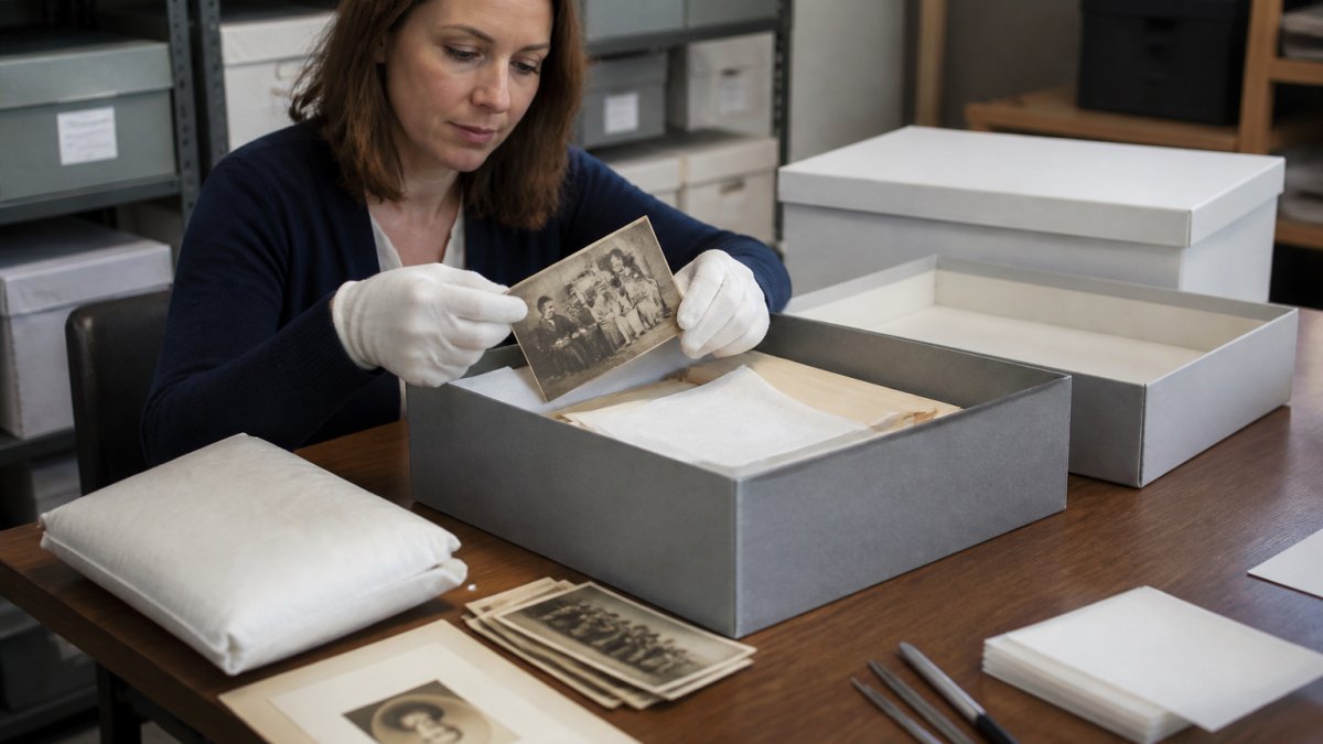 Professional archivist carefully handling delicate old family photographs with white cotton gloves, placing them into acid-free archival boxes on a clean wooden table with archival supplies visible